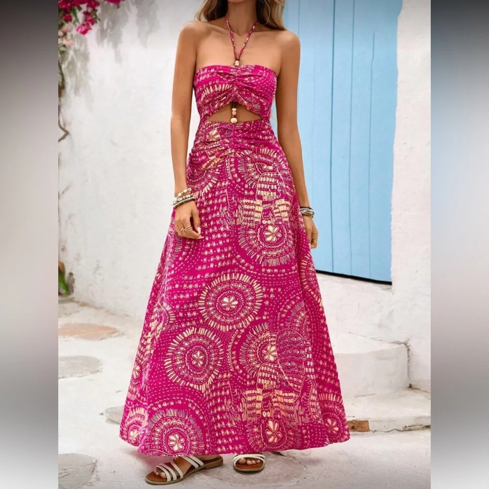 Elegant Boho Pink Cutout Bead Halter Maxi Dress - Picture 4 of 7